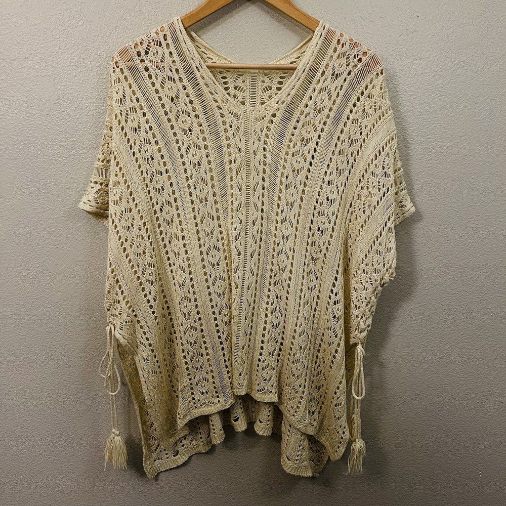 Open Knit Summer Poncho Cover‎ Up Sweater Beige Lace Up Boho Festival Beach OS